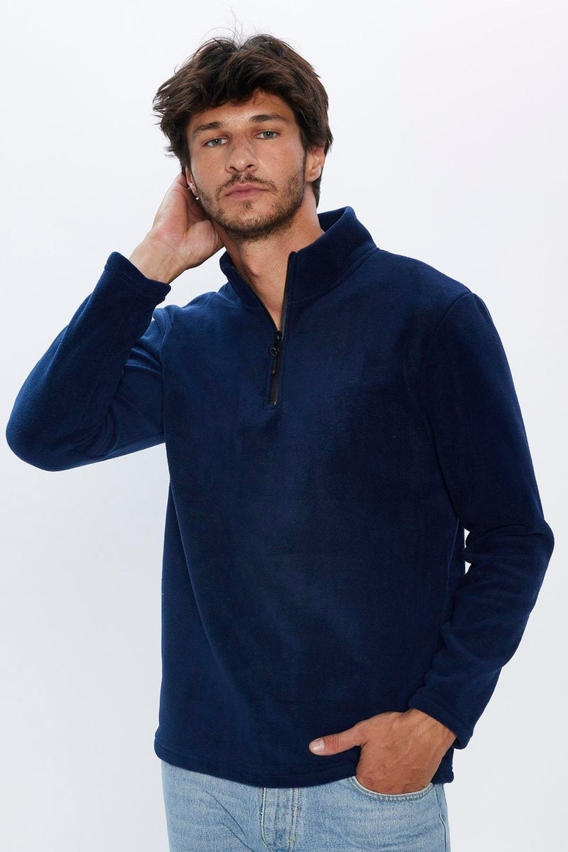 Men's Standing Collar Non-Pilling Cold Proof Standard Fit Relaxed Cut Navy Blue Polar Sweatshirt