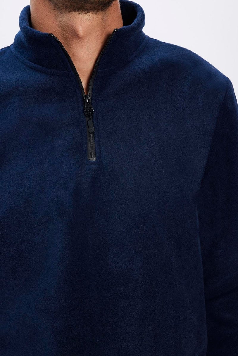 Men's Standing Collar Non-Pilling Cold Proof Standard Fit Relaxed Cut Navy Blue Polar Sweatshirt