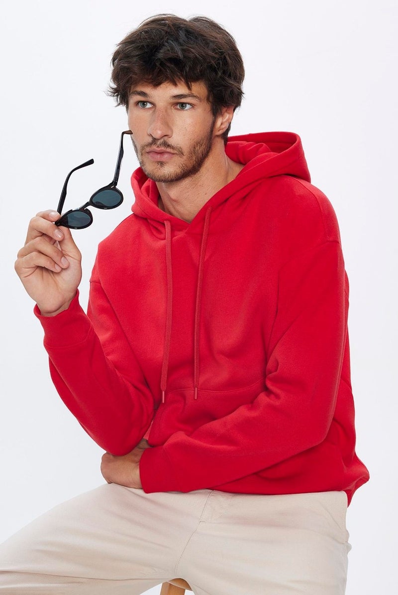 Oversize Wide Cut Cotton Soft Textured Polar Fleece Basic Red Hooded Sweatshirt