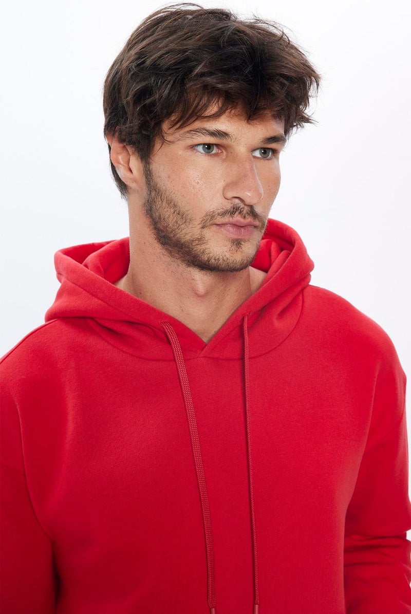 Oversize Wide Cut Cotton Soft Textured Polar Fleece Basic Red Hooded Sweatshirt