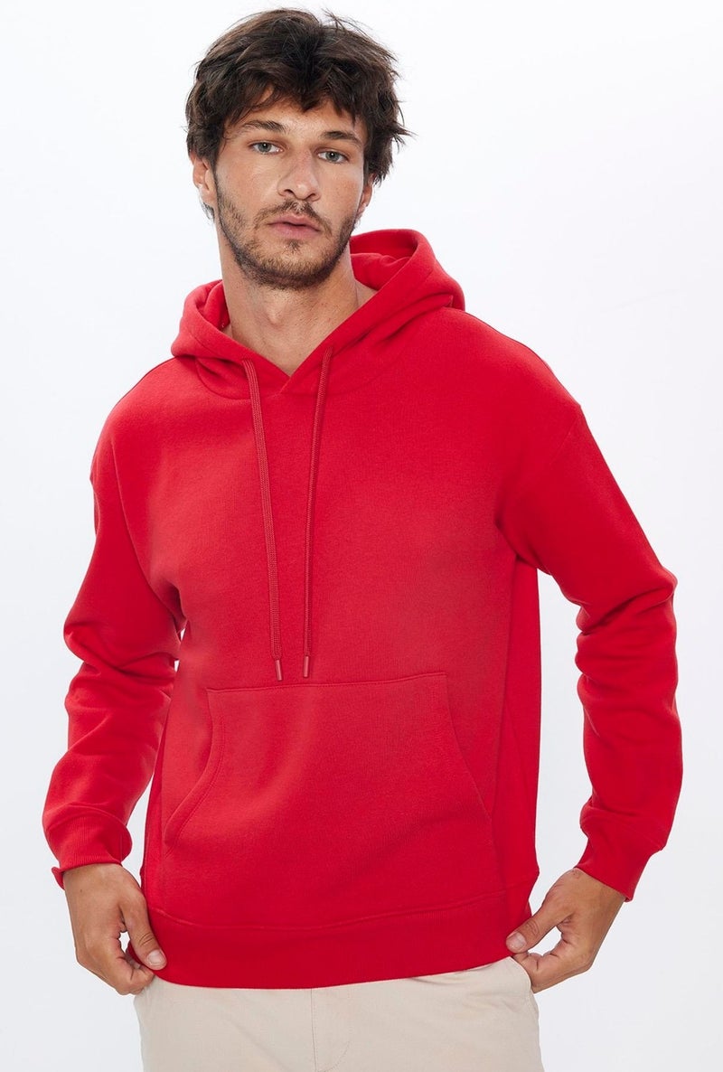 Oversize Wide Cut Cotton Soft Textured Polar Fleece Basic Red Hooded Sweatshirt