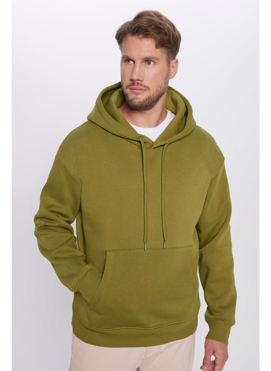 Unisex Oversize Wide Cut Cotton Soft Textured Polar Fleece Basic Green Color Hooded Sweatshirt