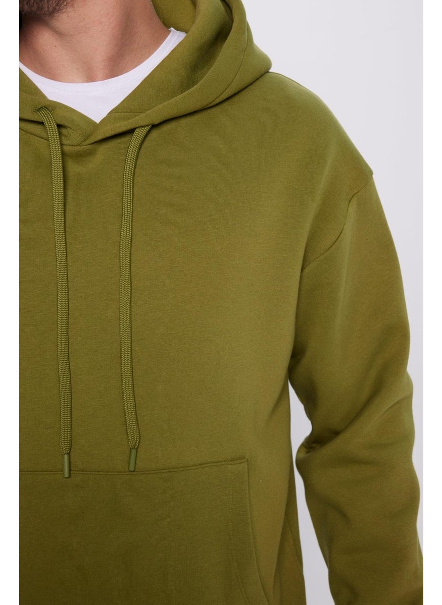 Unisex Oversize Wide Cut Cotton Soft Textured Polar Fleece Basic Green Color Hooded Sweatshirt