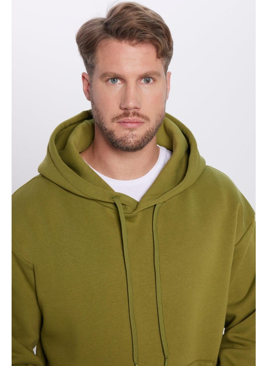 Unisex Oversize Wide Cut Cotton Soft Textured Polar Fleece Basic Green Color Hooded Sweatshirt