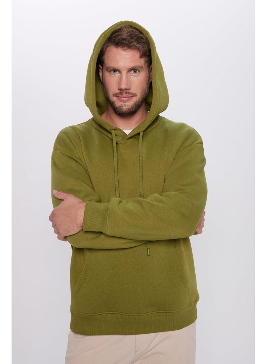 Unisex Oversize Wide Cut Cotton Soft Textured Polar Fleece Basic Green Color Hooded Sweatshirt