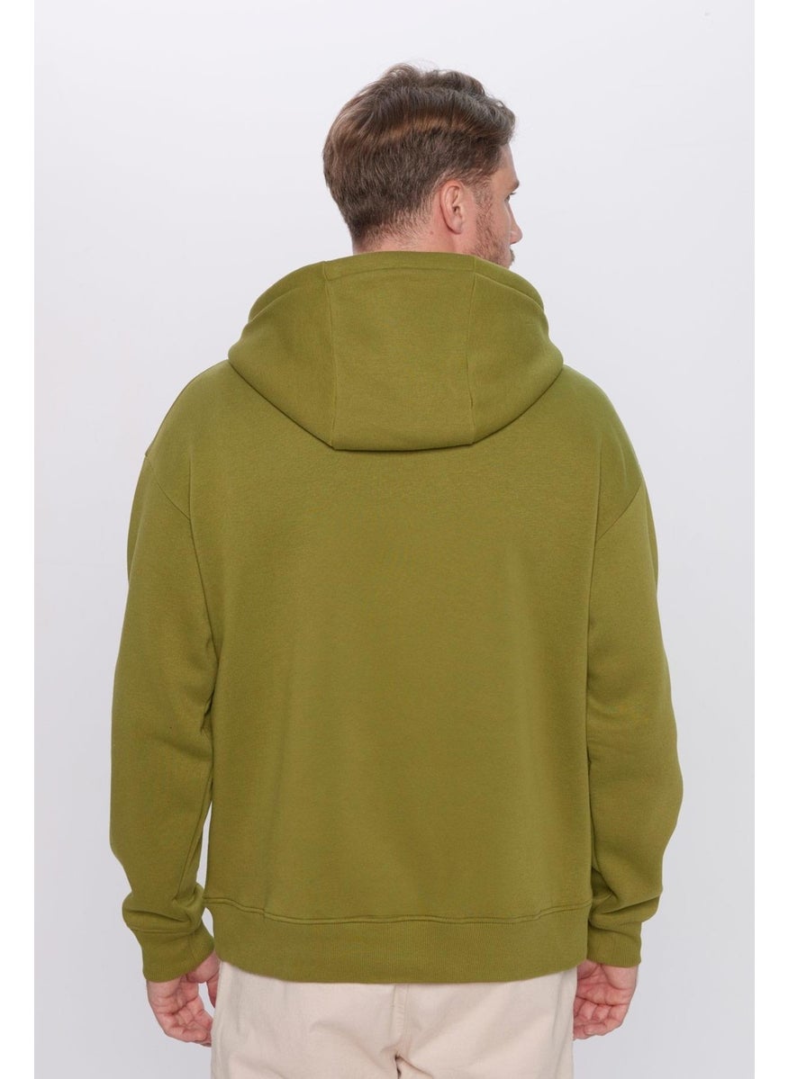 Unisex Oversize Wide Cut Cotton Soft Textured Polar Fleece Basic Green Color Hooded Sweatshirt