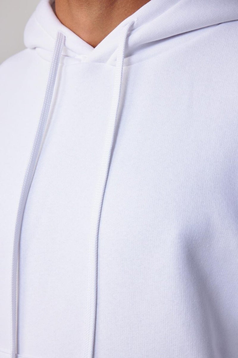 Oversize Wide Cut Cotton Soft Textured Polar Fleece Basic White Hooded Sweatshirt