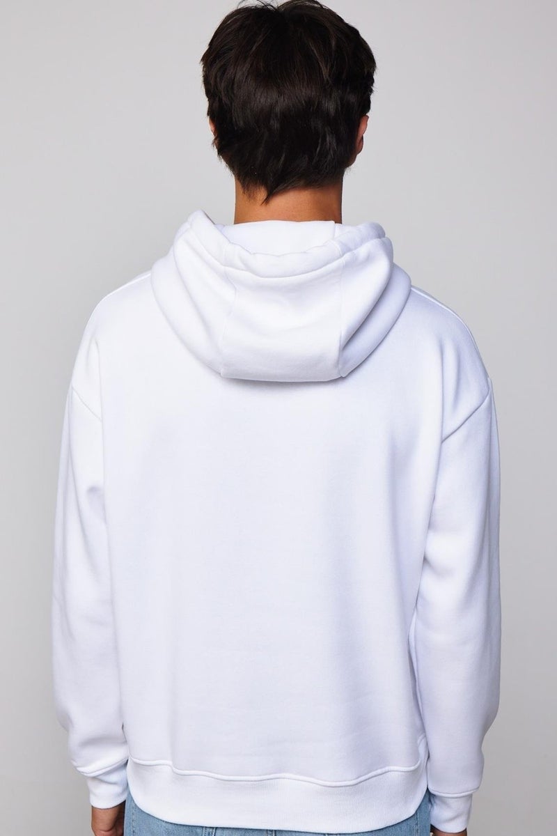 Oversize Wide Cut Cotton Soft Textured Polar Fleece Basic White Hooded Sweatshirt