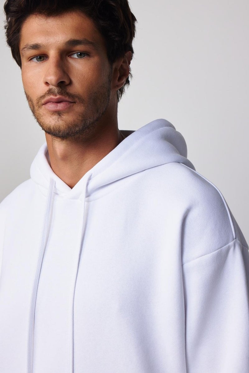 Oversize Wide Cut Cotton Soft Textured Polar Fleece Basic White Hooded Sweatshirt