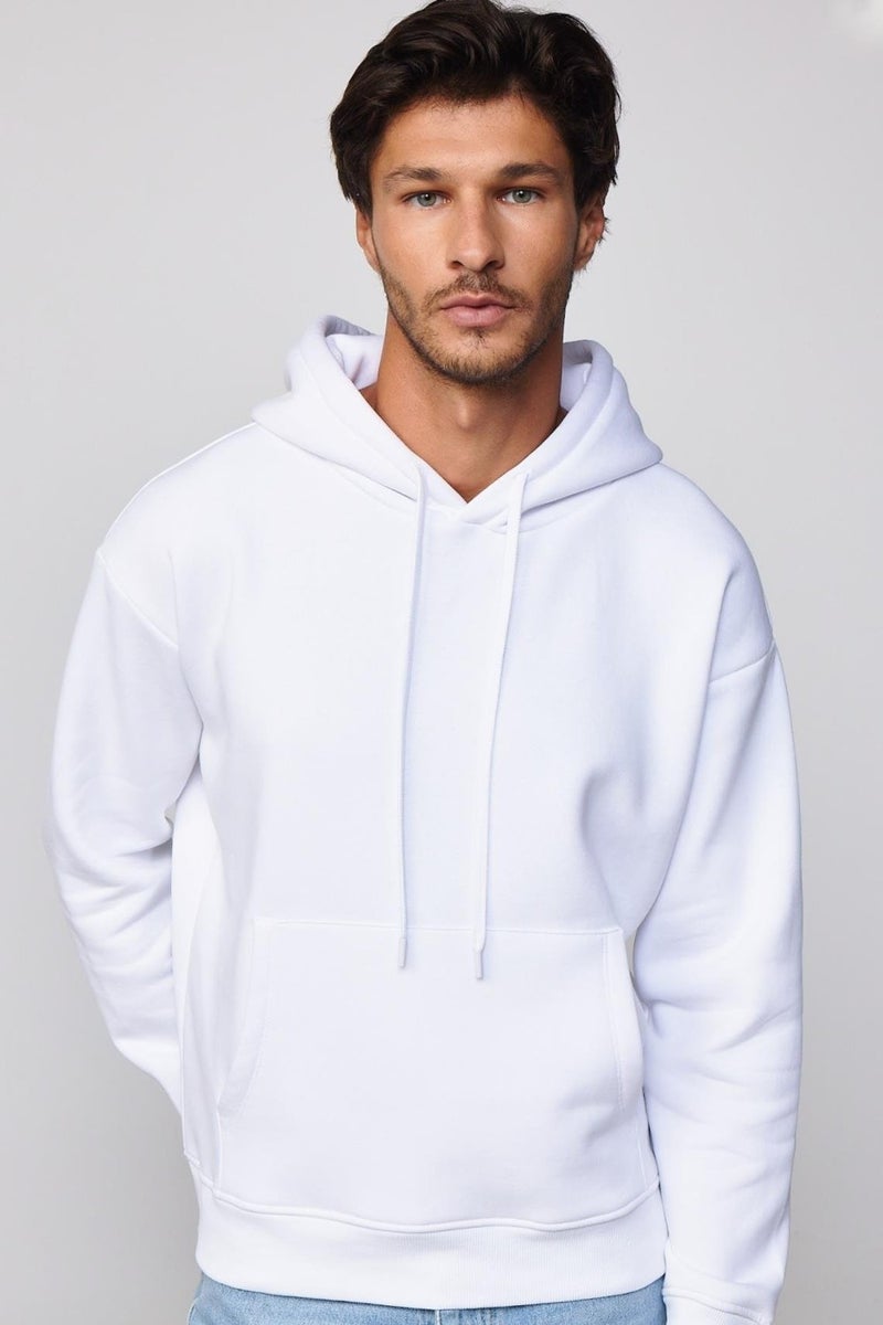 Oversize Wide Cut Cotton Soft Textured Polar Fleece Basic White Hooded Sweatshirt