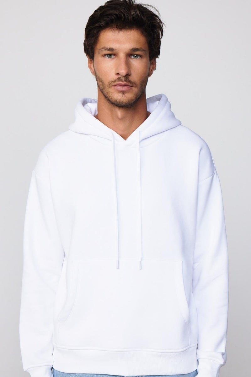 Oversize Wide Cut Cotton Soft Textured Polar Fleece Basic White Hooded Sweatshirt