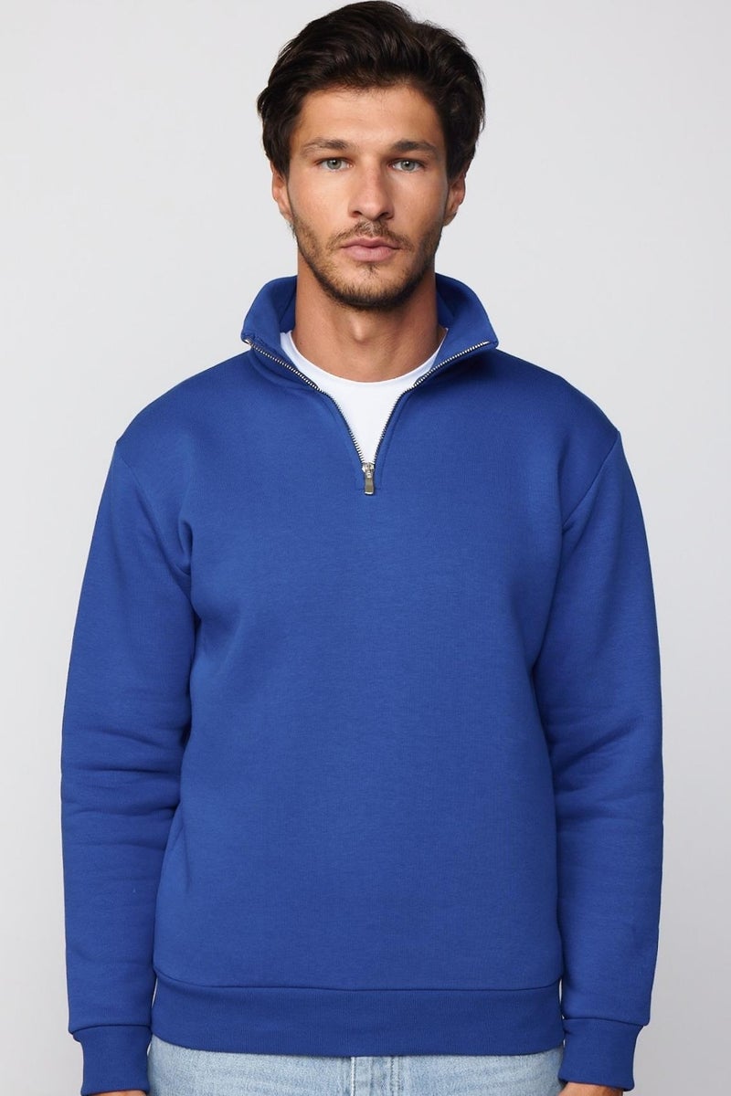 Cotton Stand Collar Zippered Sax Blue Unisex Sweatshirt