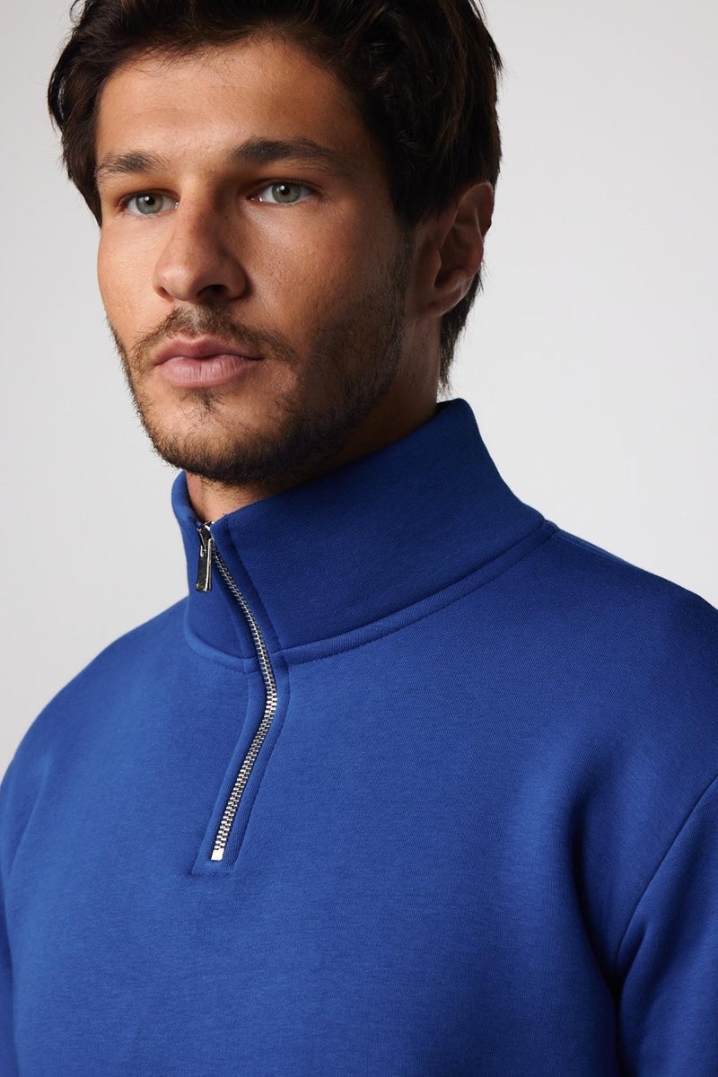 Cotton Stand Collar Zippered Sax Blue Unisex Sweatshirt