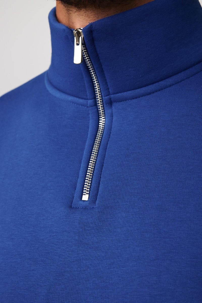 Cotton Stand Collar Zippered Sax Blue Unisex Sweatshirt