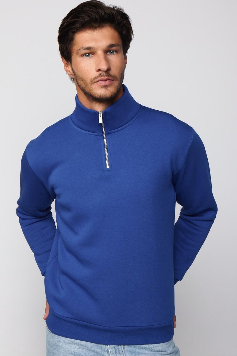 Cotton Stand Collar Zippered Sax Blue Unisex Sweatshirt