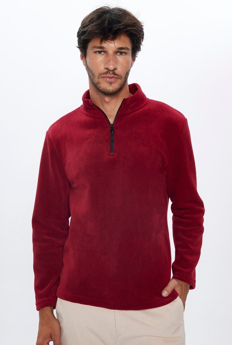 Men's Stand-Up Collar Non-Pilling Cold-Proof Standard Fit Comfortable Cut Fleece Claret Red Sweatshirt