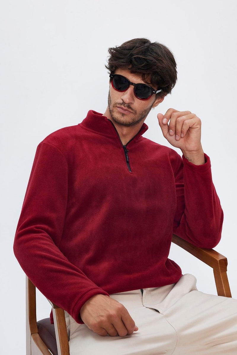 Men's Stand-Up Collar Non-Pilling Cold-Proof Standard Fit Comfortable Cut Fleece Claret Red Sweatshirt