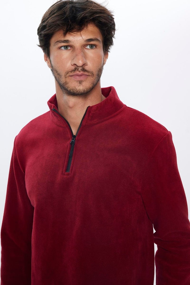 Men's Stand-Up Collar Non-Pilling Cold-Proof Standard Fit Comfortable Cut Fleece Claret Red Sweatshirt