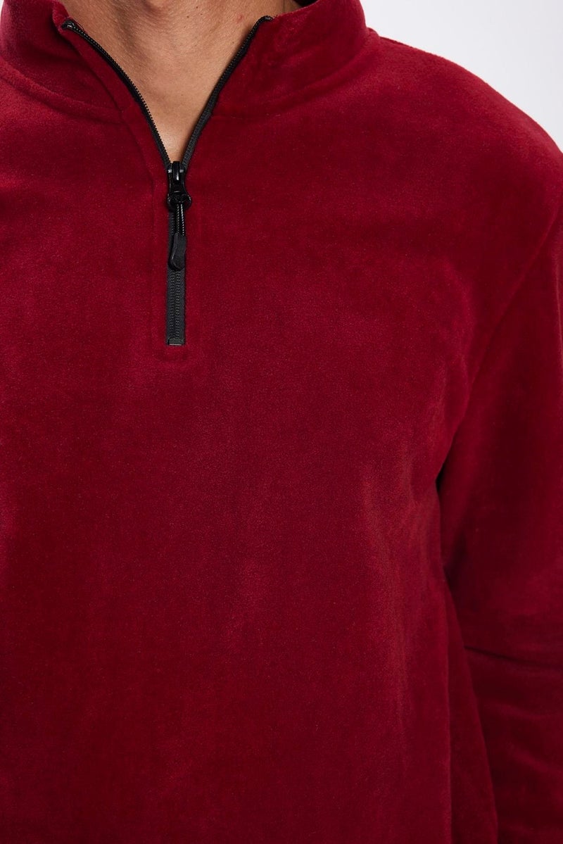 Men's Stand-Up Collar Non-Pilling Cold-Proof Standard Fit Comfortable Cut Fleece Claret Red Sweatshirt