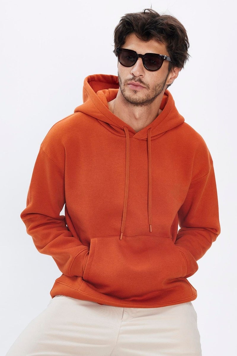 Unisex Oversize Wide Cut Cotton Soft Textured Polar Fleece Basic Brick Color Hooded Sweatshirt