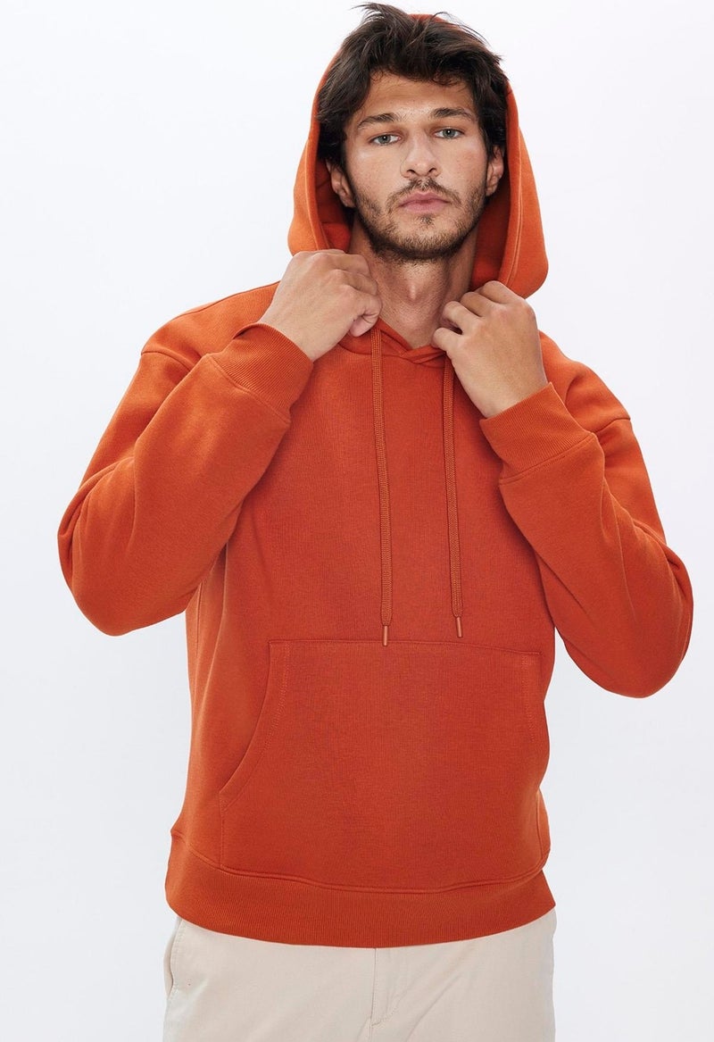 Unisex Oversize Wide Cut Cotton Soft Textured Polar Fleece Basic Brick Color Hooded Sweatshirt