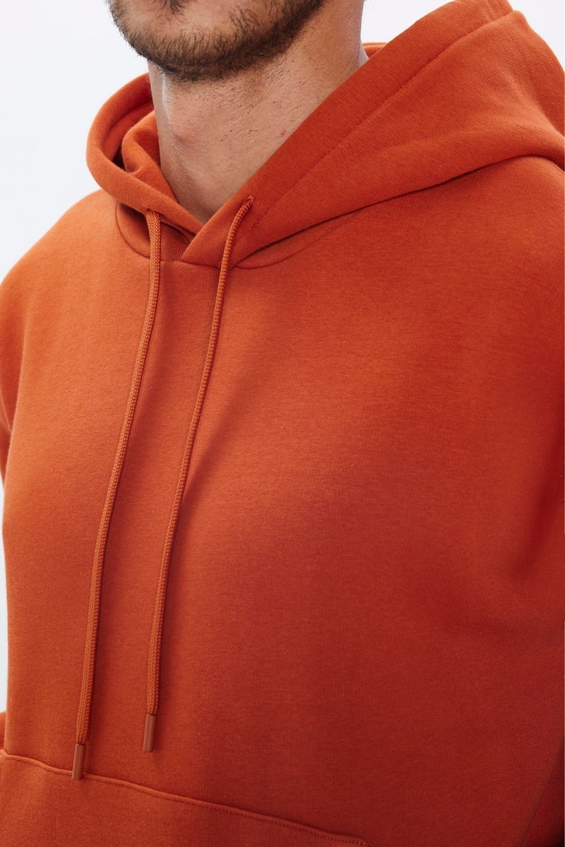 Unisex Oversize Wide Cut Cotton Soft Textured Polar Fleece Basic Brick Color Hooded Sweatshirt