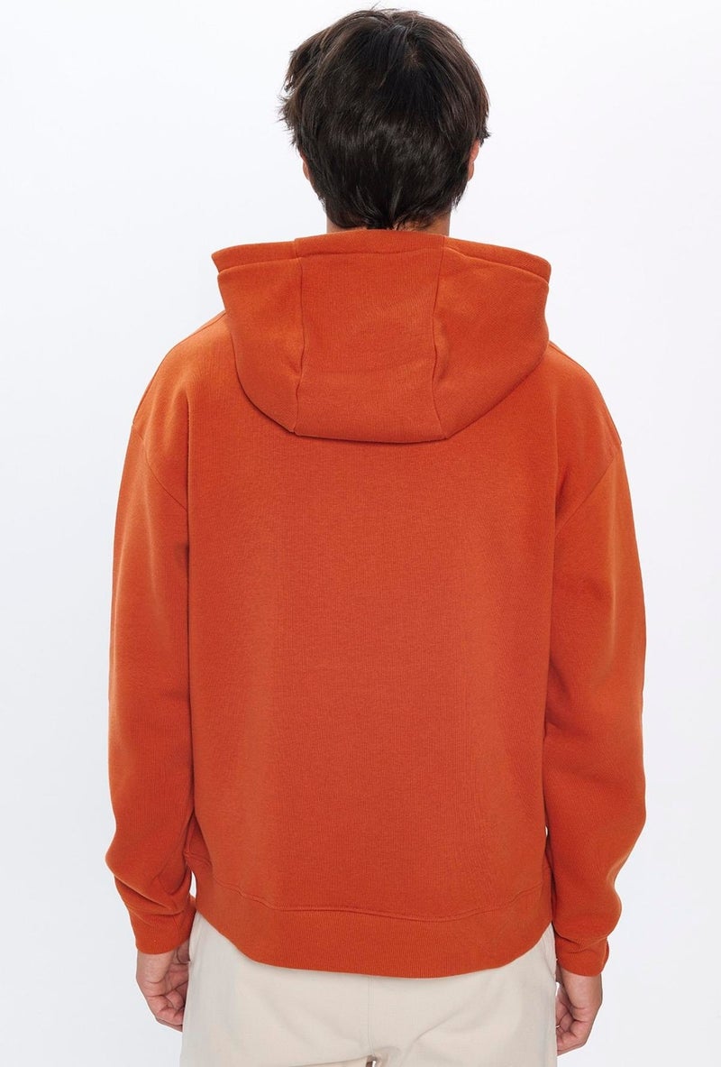 Unisex Oversize Wide Cut Cotton Soft Textured Polar Fleece Basic Brick Color Hooded Sweatshirt