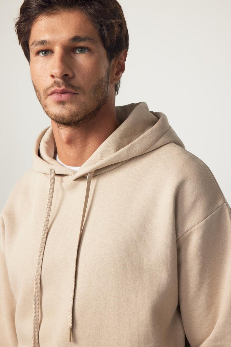 Oversize Wide Cut Cotton Soft Textured Polar Fleece Basic Beige Hooded Sweatshirt