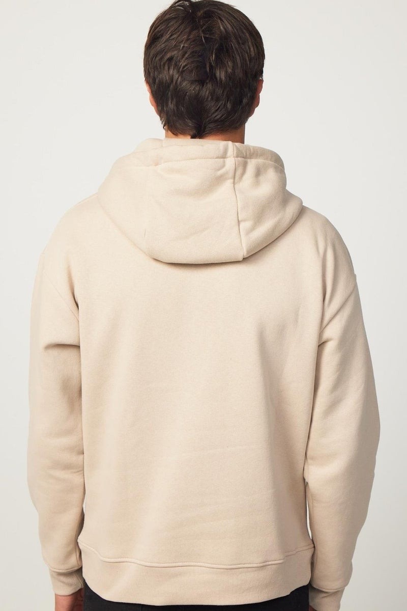 Oversize Wide Cut Cotton Soft Textured Polar Fleece Basic Beige Hooded Sweatshirt