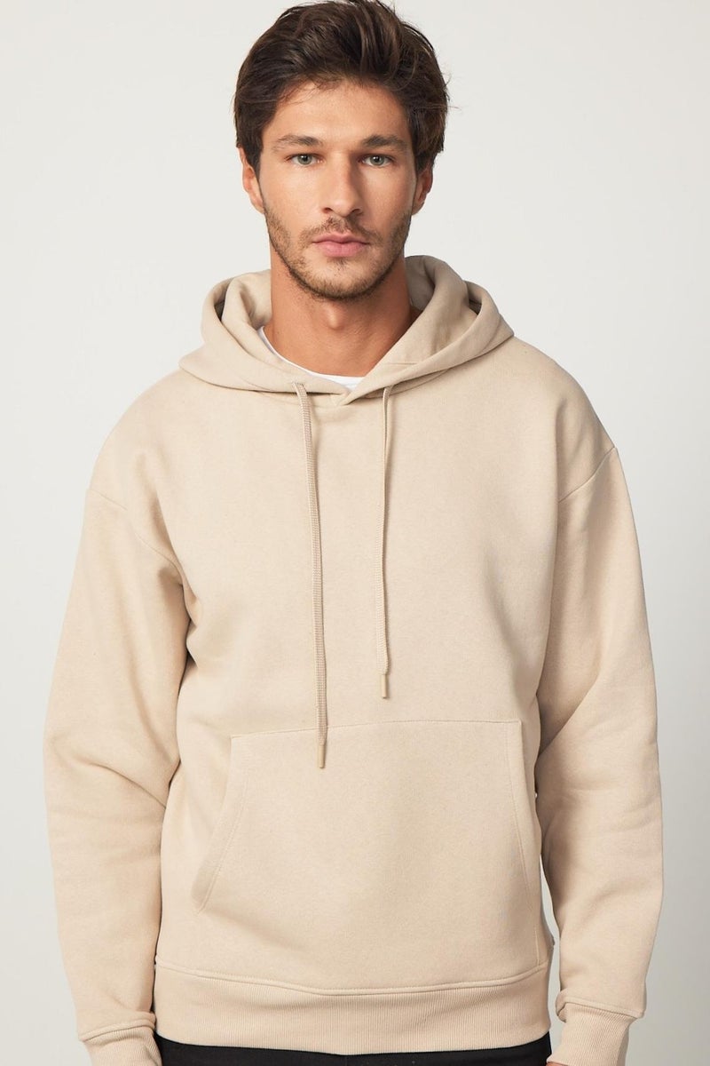 Oversize Wide Cut Cotton Soft Textured Polar Fleece Basic Beige Hooded Sweatshirt