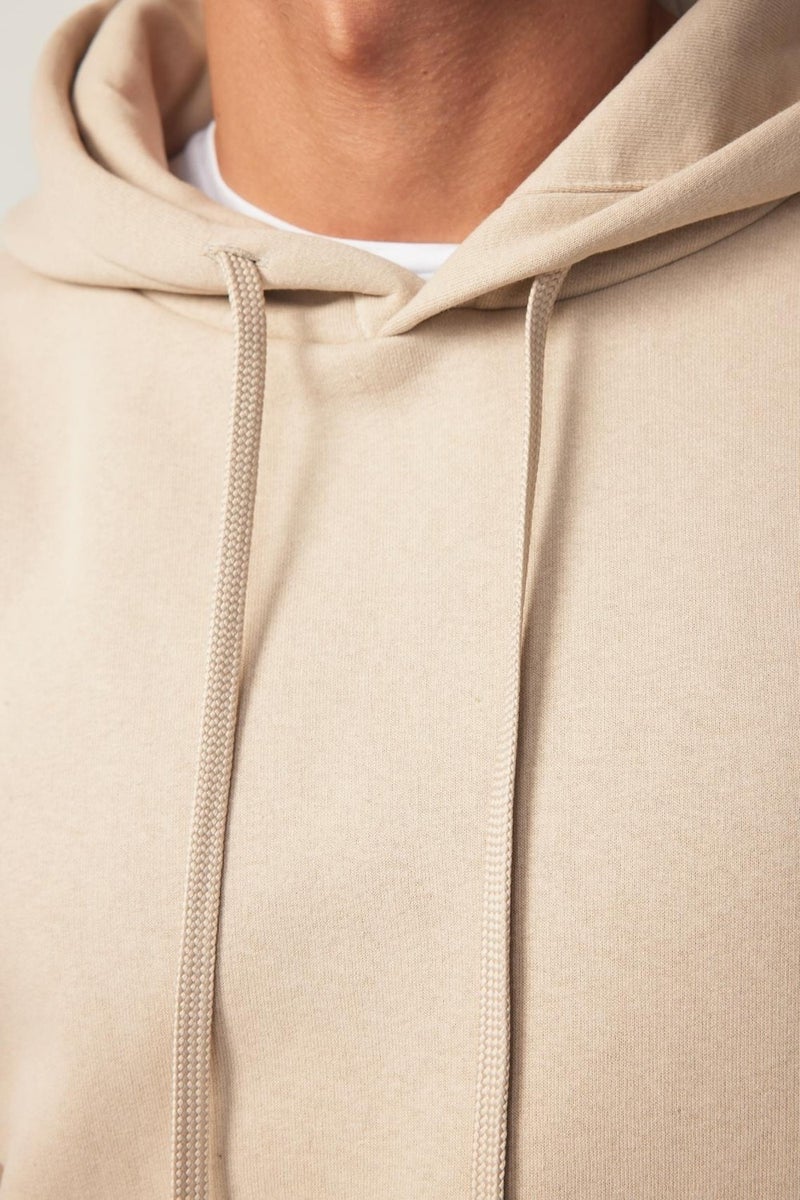 Oversize Wide Cut Cotton Soft Textured Polar Fleece Basic Beige Hooded Sweatshirt