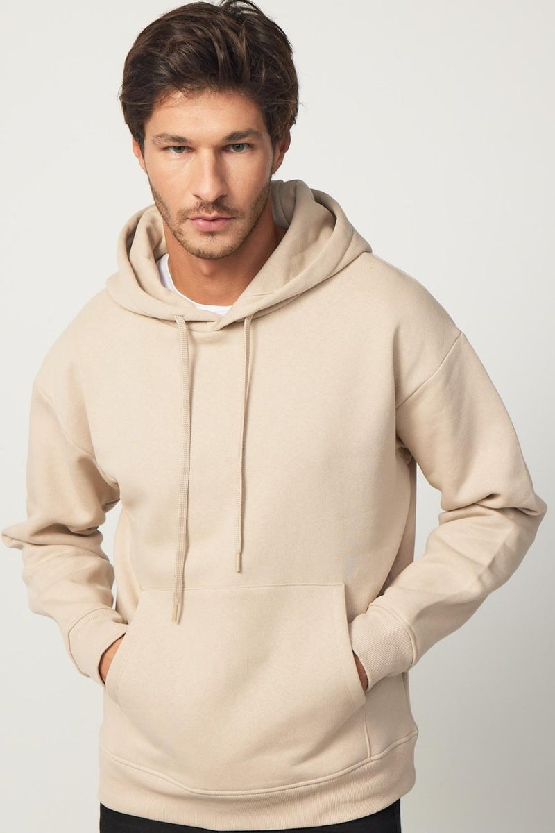 Oversize Wide Cut Cotton Soft Textured Polar Fleece Basic Beige Hooded Sweatshirt