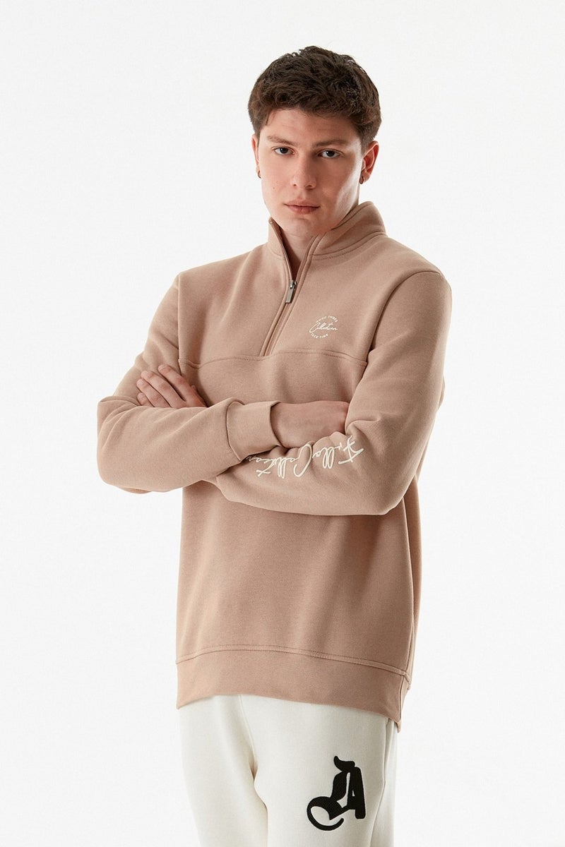 Text Printed Half Zipper Stand Collar Sweatshirt