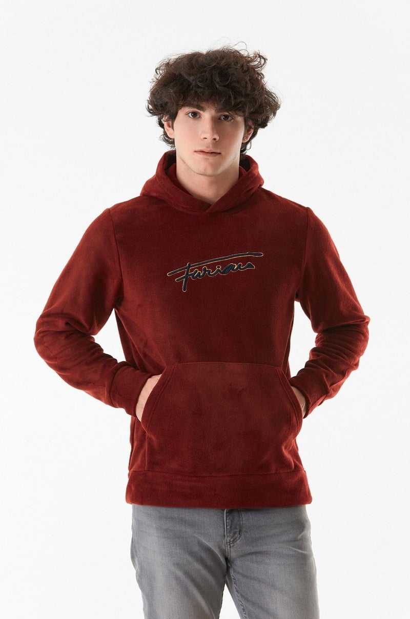 Letter Embroidered Kangaroo Pocket Hooded Polar Fleece Sweatshirt