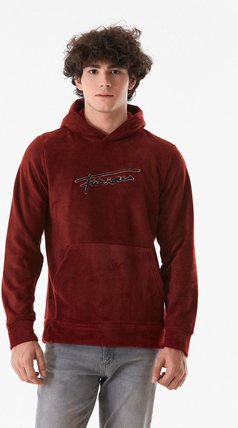 Letter Embroidered Kangaroo Pocket Hooded Polar Fleece Sweatshirt