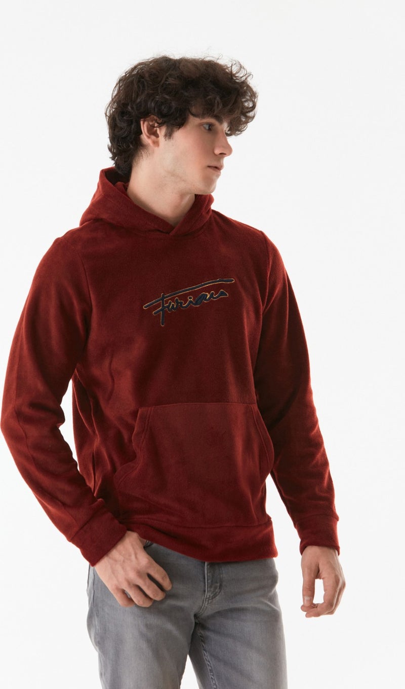 Letter Embroidered Kangaroo Pocket Hooded Polar Fleece Sweatshirt