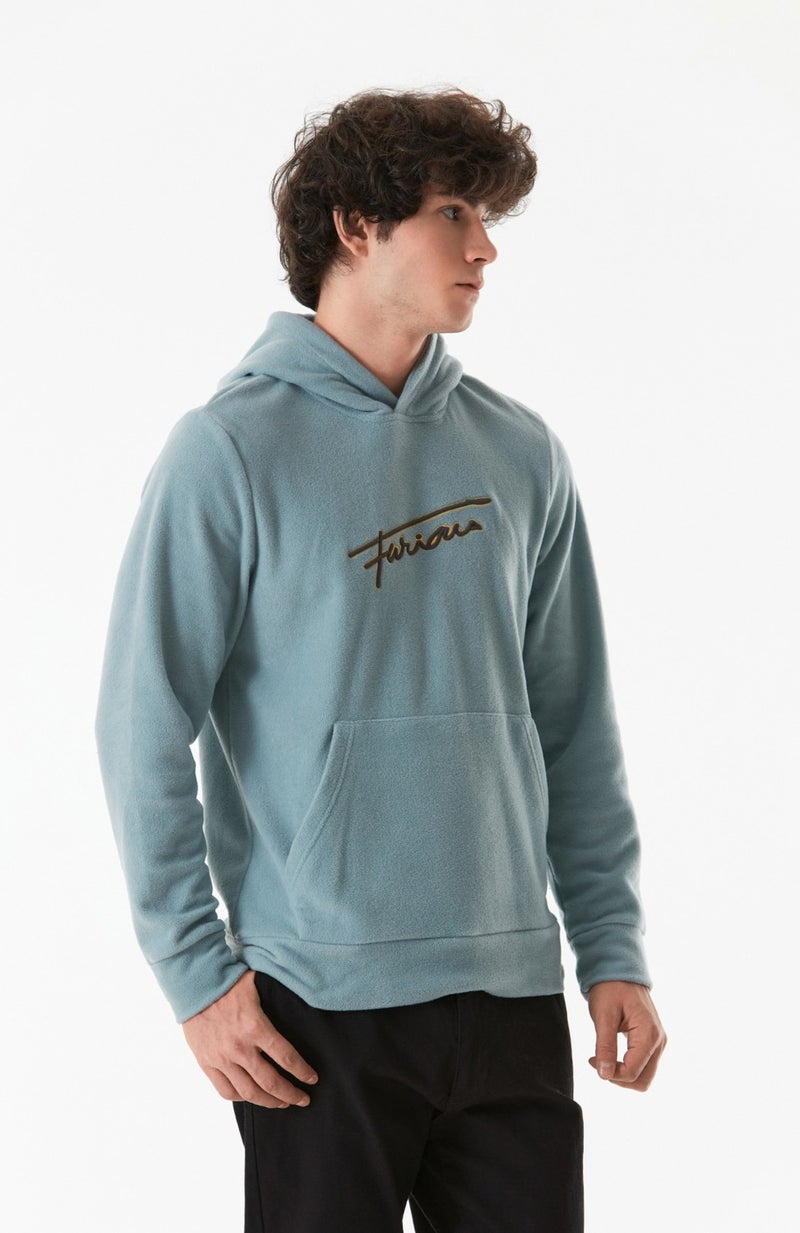 Letter Embroidered Kangaroo Pocket Hooded Polar Fleece Sweatshirt