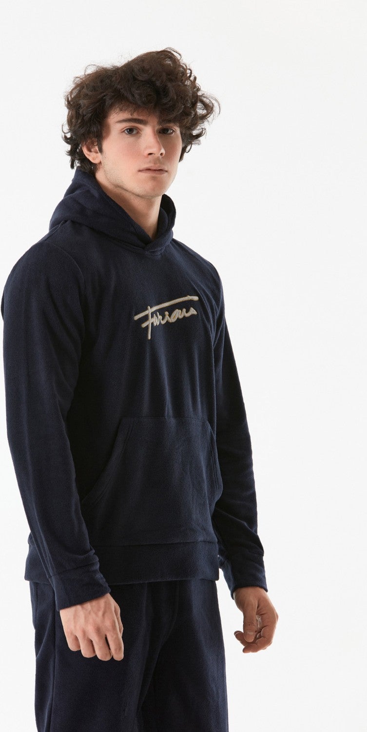 Letter Embroidered Kangaroo Pocket Hooded Polar Fleece Sweatshirt