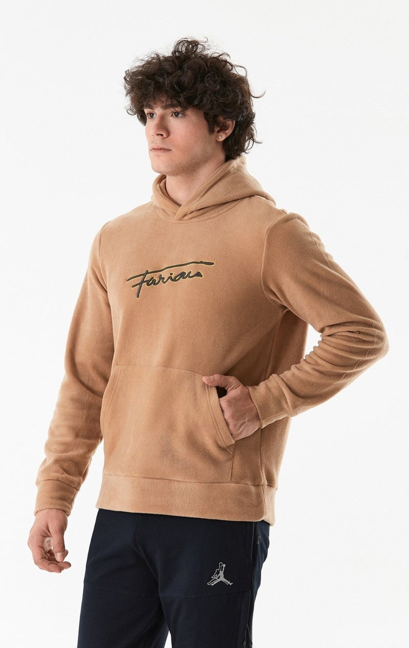 Letter Embroidered Kangaroo Pocket Hooded Polar Fleece Sweatshirt