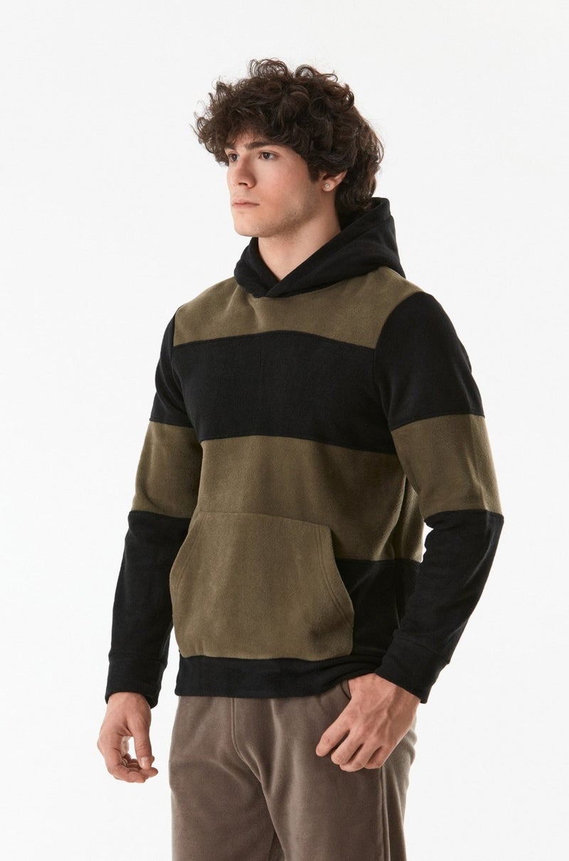 Color Block Hooded Kangaroo Pocket Fleece Sweatshirt