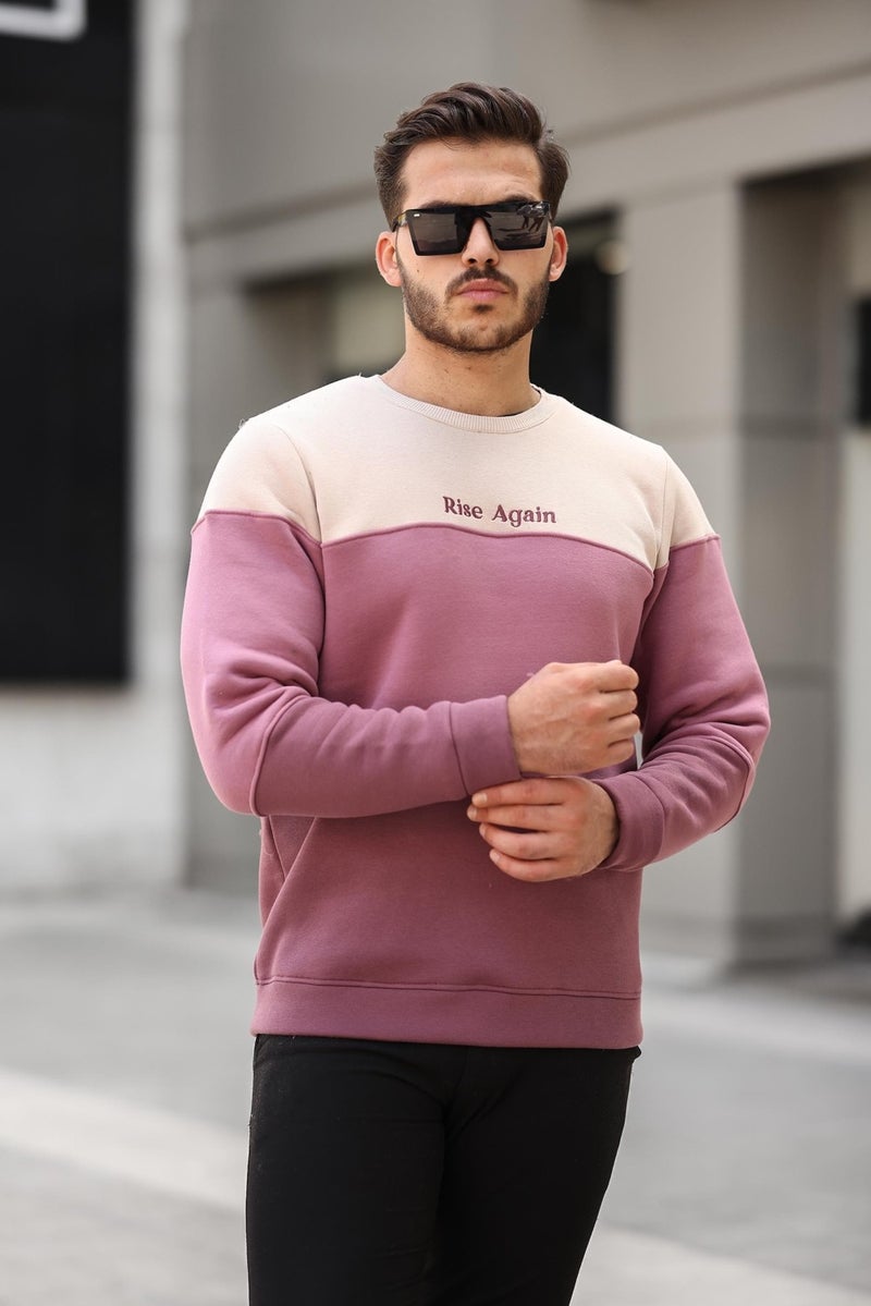 Beige Rose Dusty Plum Three Color Block Pieced Zero Collar Three Thread Regular Fit Sweatshirt2436