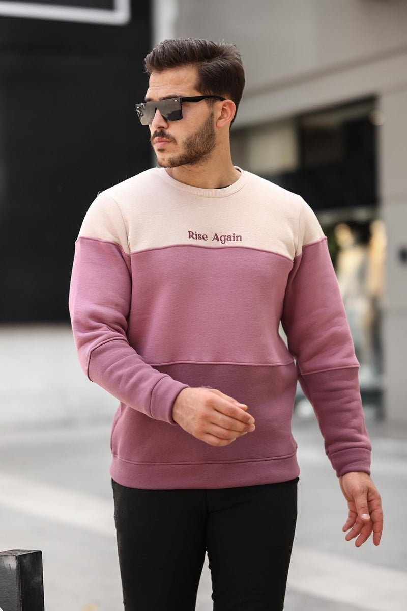 Beige Rose Dusty Plum Three Color Block Pieced Zero Collar Three Thread Regular Fit Sweatshirt2436