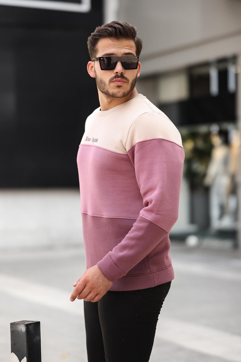 Beige Rose Dusty Plum Three Color Block Pieced Zero Collar Three Thread Regular Fit Sweatshirt2436