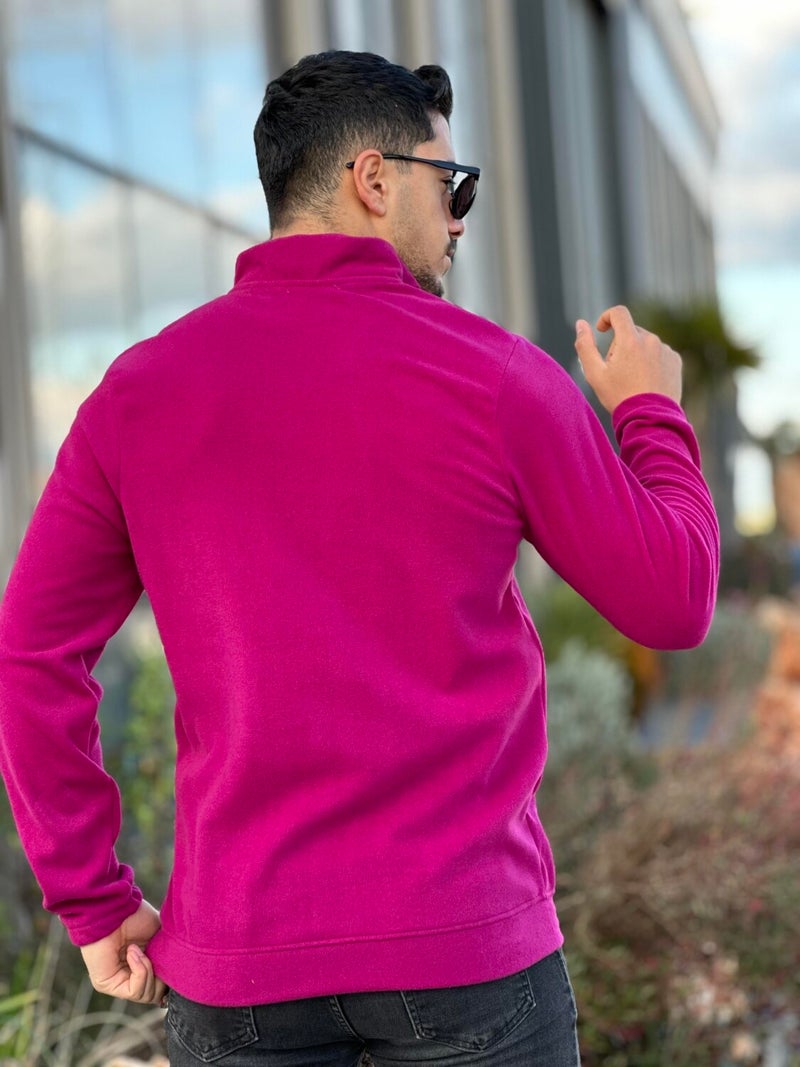 Fuchsia Unisex Embroidered Stand Collar Half Zipper Fleece Sweatshirt