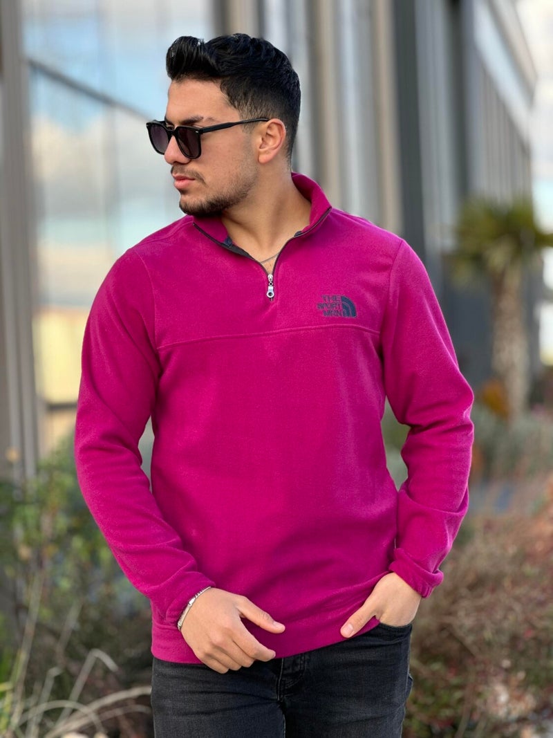 Fuchsia Unisex Embroidered Stand Collar Half Zipper Fleece Sweatshirt