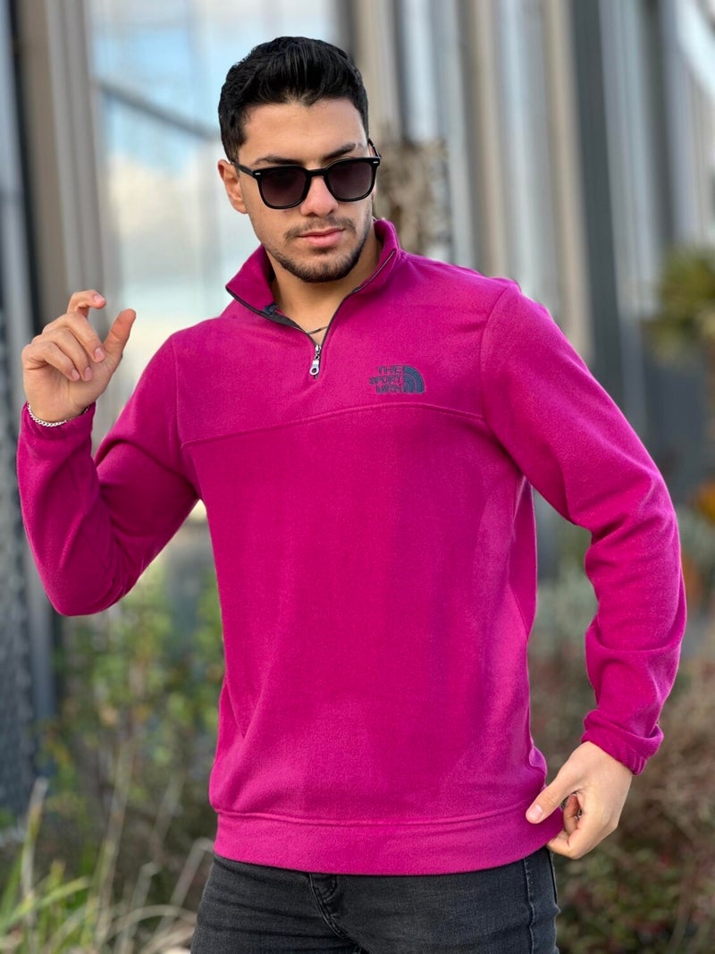 Fuchsia Unisex Embroidered Stand Collar Half Zipper Fleece Sweatshirt