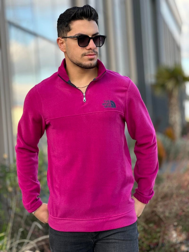 Fuchsia Unisex Embroidered Stand Collar Half Zipper Fleece Sweatshirt