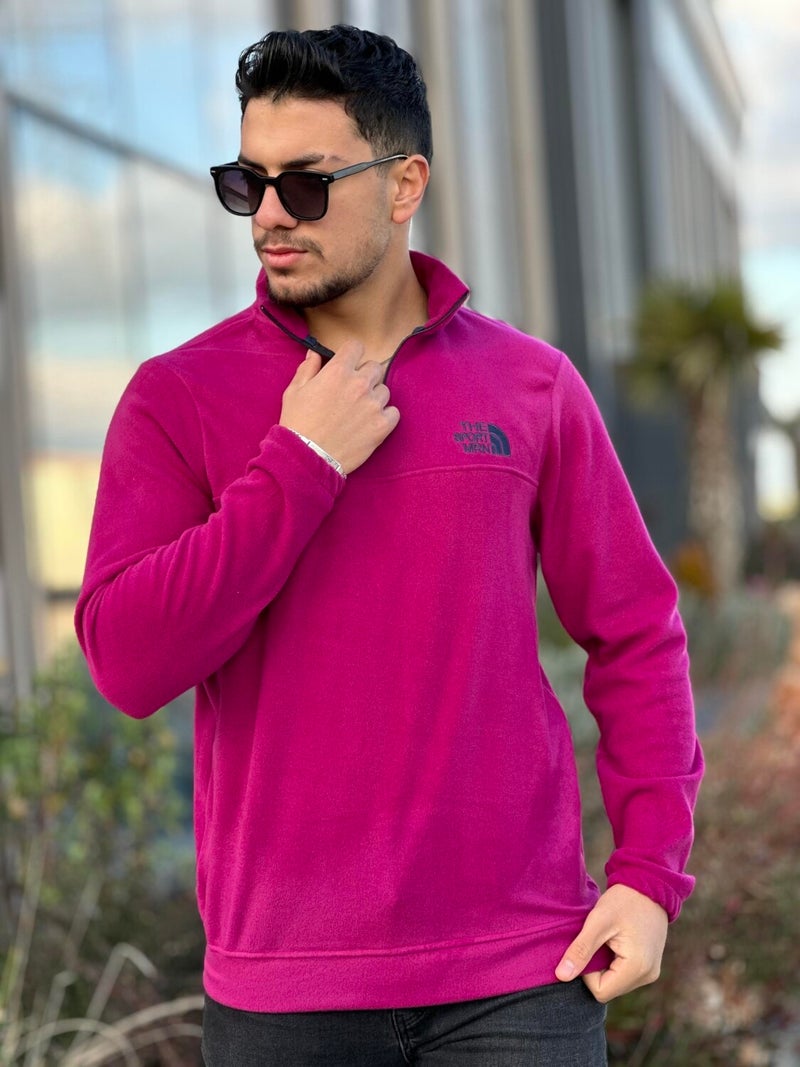 Fuchsia Unisex Embroidered Stand Collar Half Zipper Fleece Sweatshirt