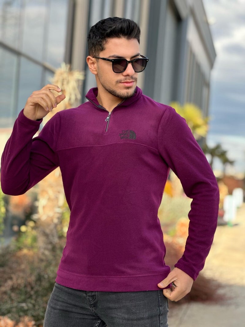 Cherry Rot Unisex Embroidered Stand Collar Half Zip Fleece Sweatshirt - 2321