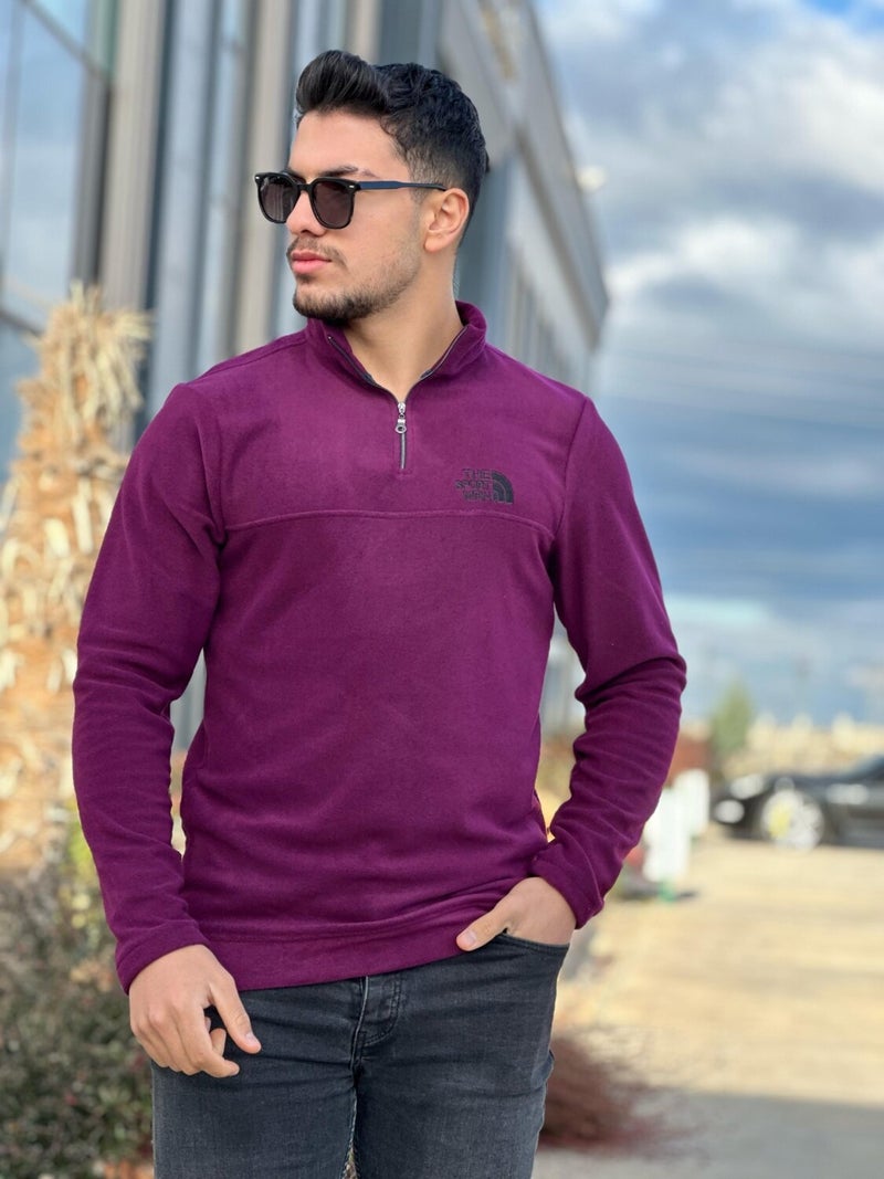 Cherry Rot Unisex Embroidered Stand Collar Half Zip Fleece Sweatshirt - 2321
